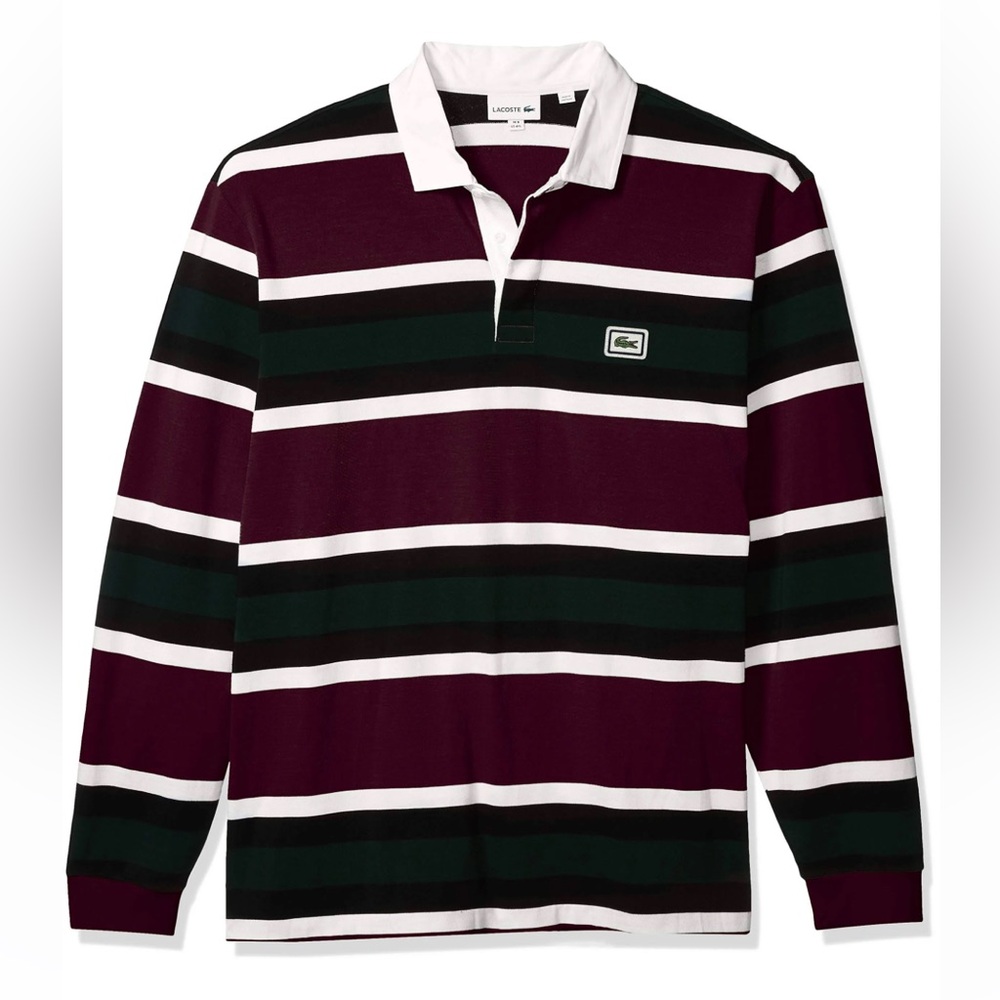 Mens Lacoste Striped Rugby Polo Shirt, Bordeaux, size 3XL